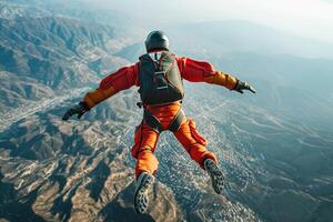 ai generado un hombre en rojo es visto en el aire comercial paracaidismo foto