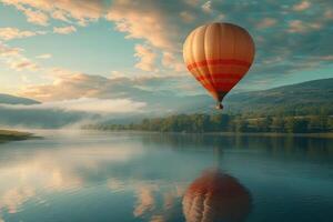 ai generado un caliente aire globo moscas terminado un cuerpo de agua en nublado cielo foto