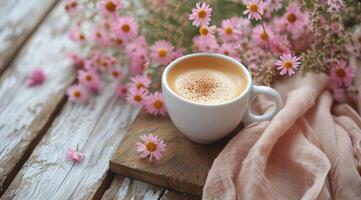 ai generado un taza de café es sentado en un de madera superficie con flores alrededor eso foto