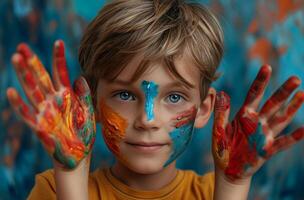 AI generated young cute boy with colorful painted hands over his face photo