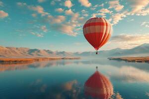 ai generado un caliente aire globo moscas terminado un cuerpo de agua en nublado cielo foto