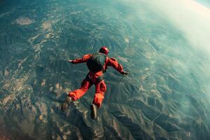 ai generado un hombre paracaidismo terminado un tierra campo foto