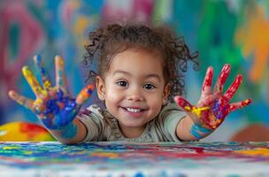 AI generated a toddler is sitting at a table with colorful hands on the table photo