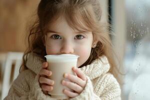 ai generado niño participación un taza de Leche bebida foto