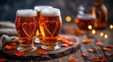 AI generated ale glasses filled with heart shaped beer on wood photo