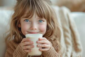 AI generated child holding a cup of milk drink photo