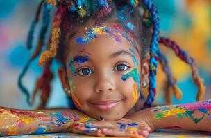 AI generated child on table with colorful hair and hands in arts and crafts photo