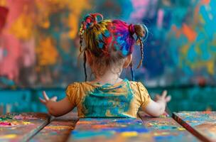 AI generated child on table with colorful hair and hands in arts and crafts photo