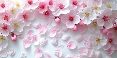 AI generated flowers with a background of petals on a white table photo