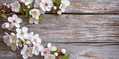 ai generado Fresco blanco Cereza flores en un rústico de madera fondo, foto