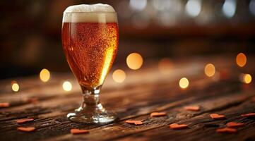 AI generated glass of beer with hearts on wooden background photo