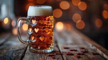 AI generated glass of beer with hearts on wooden background photo