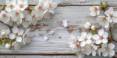 ai generado Fresco blanco Cereza flores en un rústico de madera fondo, foto