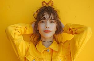 AI generated girl in yellow yellow make a heart in front of yellow background photo