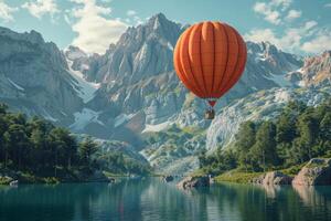 AI generated hot air balloon over lake in summer in summer photo