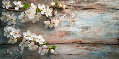 ai generado Fresco blanco Cereza flores en un rústico de madera fondo, foto