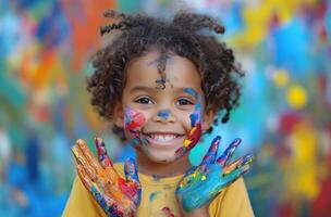 AI generated happy child holding colorful painting hands toddler photo