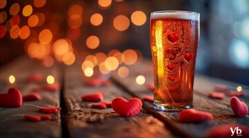 AI generated glass of beer with hearts on wooden background photo