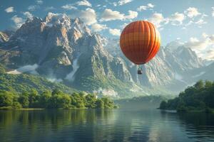 AI generated hot air balloon over lake in summer in summer photo