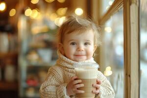 AI generated kid holding a coffee drink a baby in a cafe photo