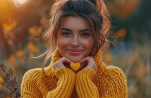 ai generado imagen de contento mujer vistiendo amarillo suéter con corazón conformado manos foto