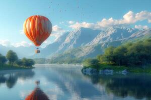 AI generated hot air balloon over lake in summer in summer photo