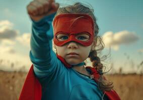 AI generated kid wears a superhero mask and is raising her fist to the sky photo