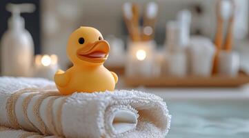 AI generated rubber duck in towels with toothbrush photo