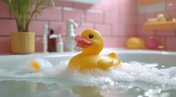 AI generated rubber duck at play with and showers in a bathroom photo