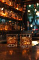 AI generated two whiskey glasses sitting next to each other on a bar photo