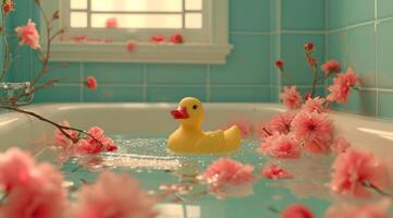 ai generado caucho Pato a jugar con y duchas en un baño foto