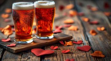 AI generated ale glasses filled with heart shaped beer on wood photo