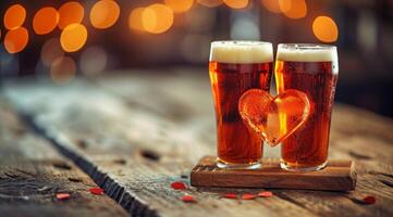 AI generated ale glasses filled with heart shaped beer on wood photo