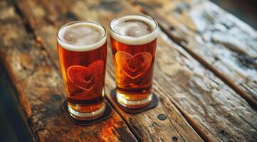 AI generated ale glasses filled with heart shaped beer on wood photo