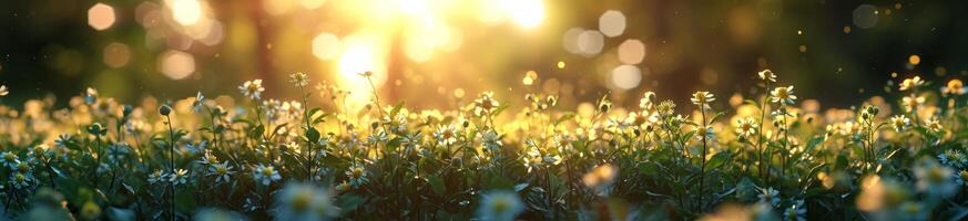 AI generated flowers on a grass field with the sun shining through the leaves photo