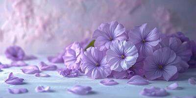 AI generated flowers with a background of petals on a white table photo
