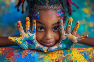 ai generado niño en mesa con vistoso pelo y manos en letras y artesanía foto