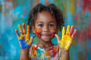 AI generated happy child holding colorful painting hands toddler photo