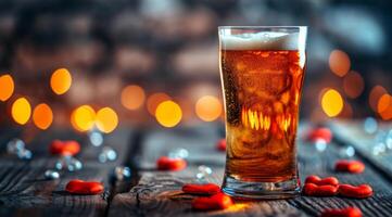 AI generated glass of beer with hearts on wooden background photo