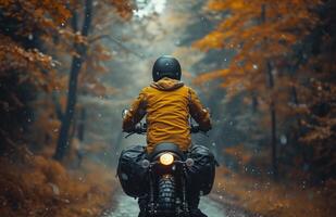 ai generado hombre montando motocicleta mediante el bosque foto