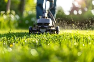 AI generated person's mowing lawn of grass photo