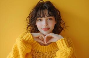 AI generated young woman in yellow sweater making a heart shape on yellow background photo