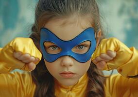 AI generated young girl is dressed as a superhero and raising her fists photo