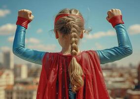 AI generated young girl is dressed as a superhero and raising her fists photo