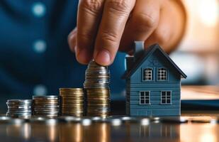 AI generated a hand holding the coins and placing a house on top of the stacks photo