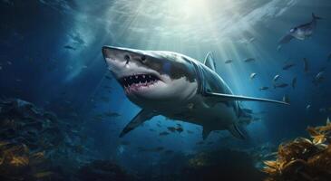 ai generado un blanco tiburón ese es nadando en un hermosa submarino ambiente foto