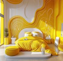 AI generated a modern bedroom with yellow and white abstract designs photo