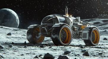 AI generated a modern, robotic spacecraft is on the moon with it's wheels off photo