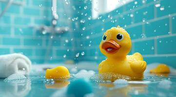 AI generated rubber duck at play with and showers in a bathroom photo