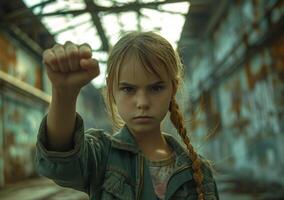 AI generated photo of a young girl raising her fist as a superhero